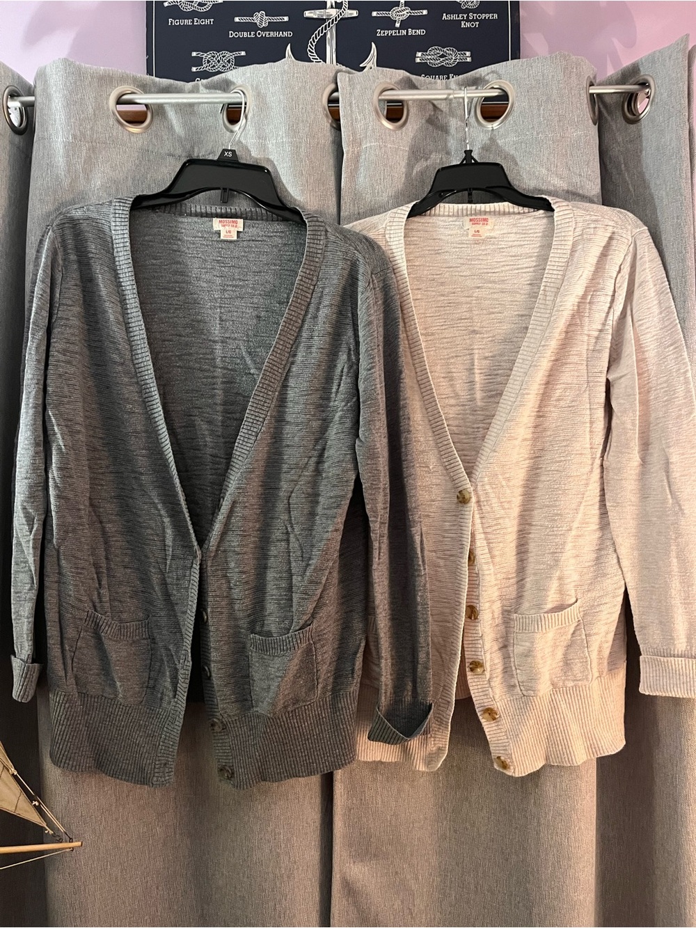 (2) Lightweight V-Neck Pocket Cardigan Sweater - Gray and Cream -